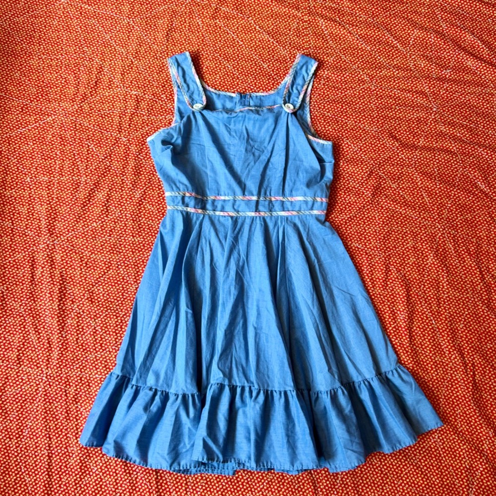 Vintage 70s Malco Modes Partners Please Blue Chambray Ruffle Midi Dress